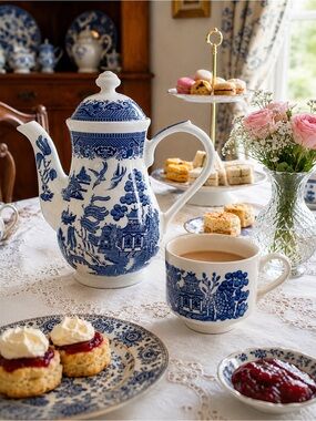 Churchill England Blue Willow Coffee Pot with Matching Cup